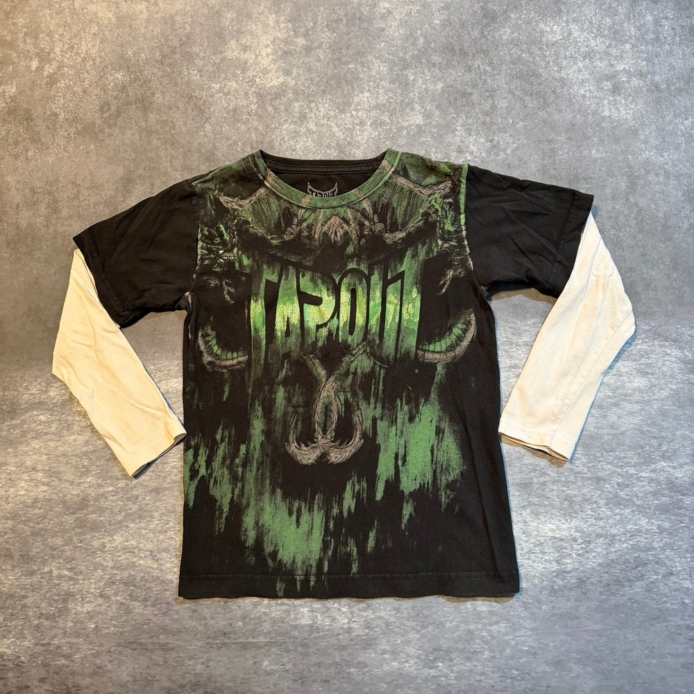 Y2K Tapout Kids Shirt Size S 8 Black Green Graphic Long Sleeve Layered Tee MMA